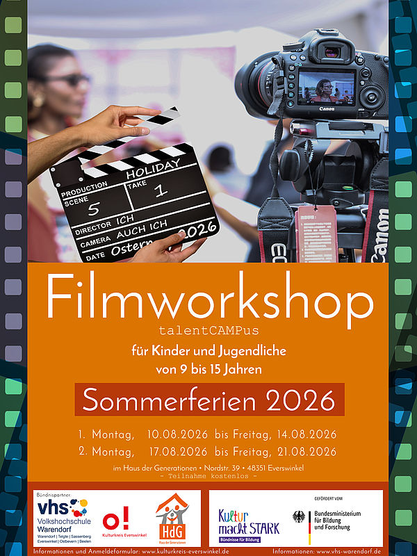 Filmworkshop I - in den Sommerferien für Kinder und Jugendliche Montag, 10.08.2026 bis Freitag, 14.08.2026 talentCAMPus - Komm und sieh selbst